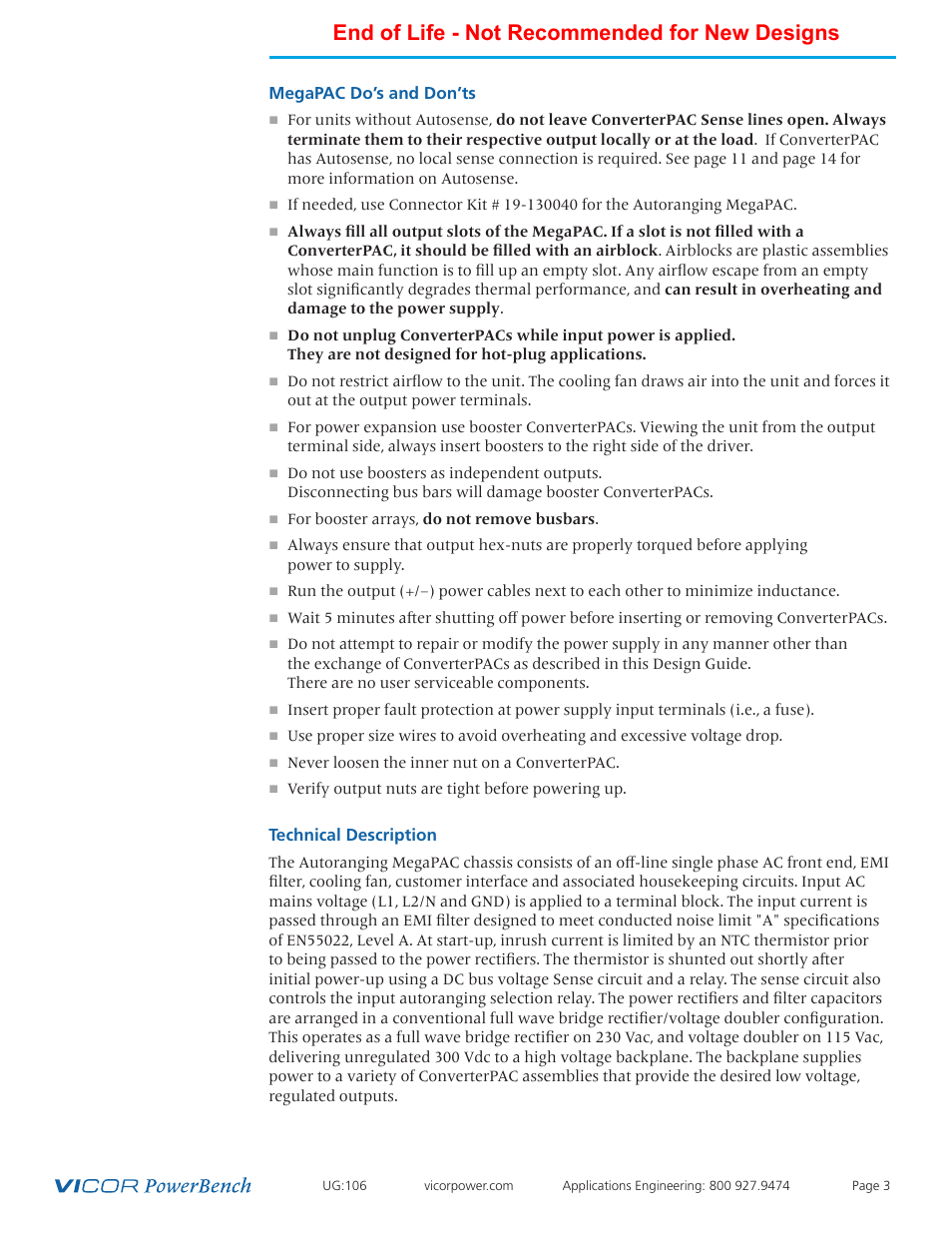 End of life - not recommended for new designs | Vicor Autoranging MegaPAC AC-DC Switcher User Manual | Page 3 / 25