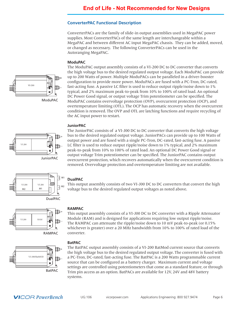 End of life - not recommended for new designs, Converterpac functional description, Modupac juniorpac dualpac rampac batpac | Vicor Autoranging MegaPAC AC-DC Switcher User Manual | Page 6 / 25