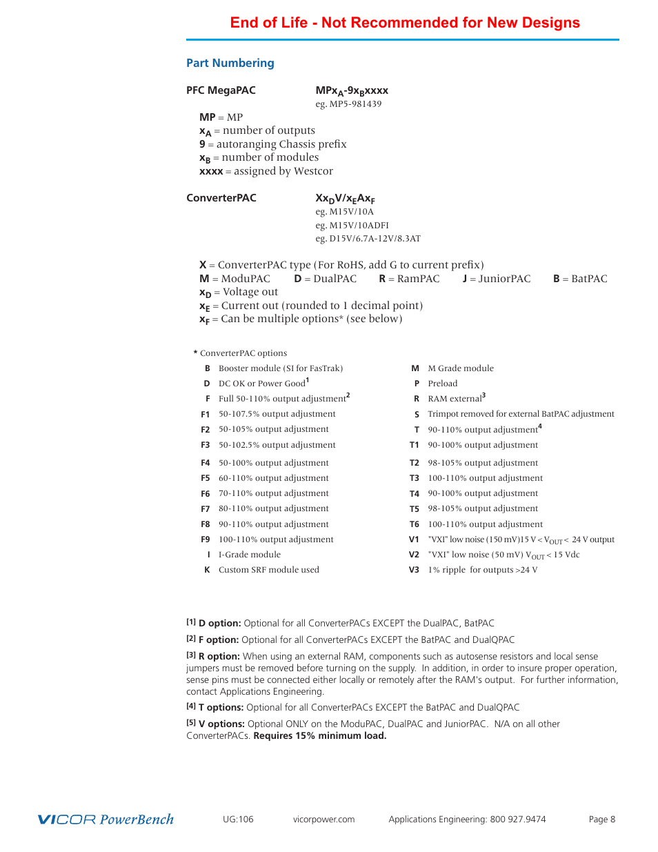 End of life - not recommended for new designs, Part numbering | Vicor Autoranging MegaPAC AC-DC Switcher User Manual | Page 8 / 25