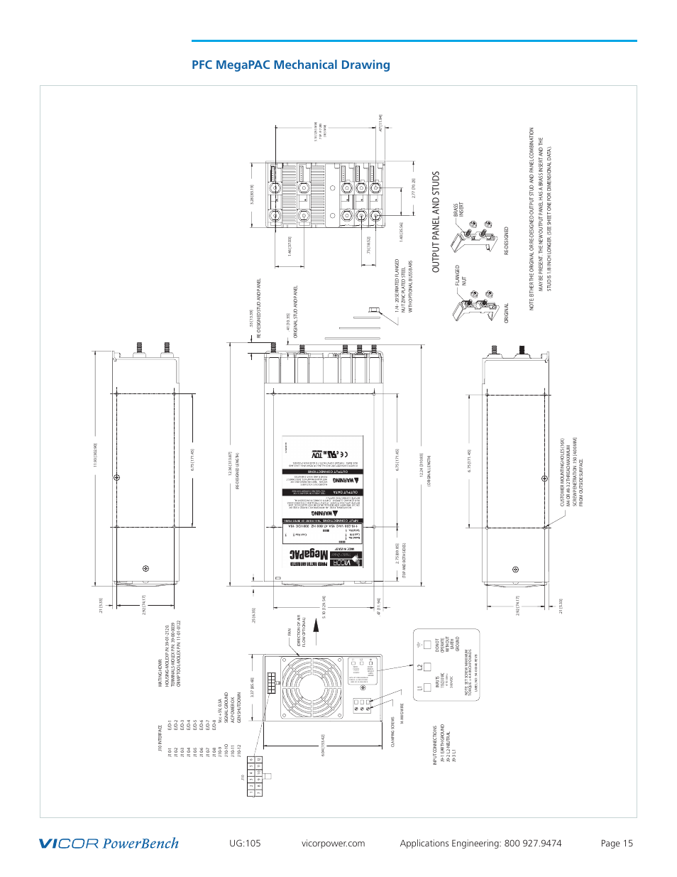 Pfc megapac mechanical drawing, Output panel and studs | Vicor Westcor PFC MegaPAC Power Factor Corrected AC-DC Switchers User Manual | Page 15 / 34