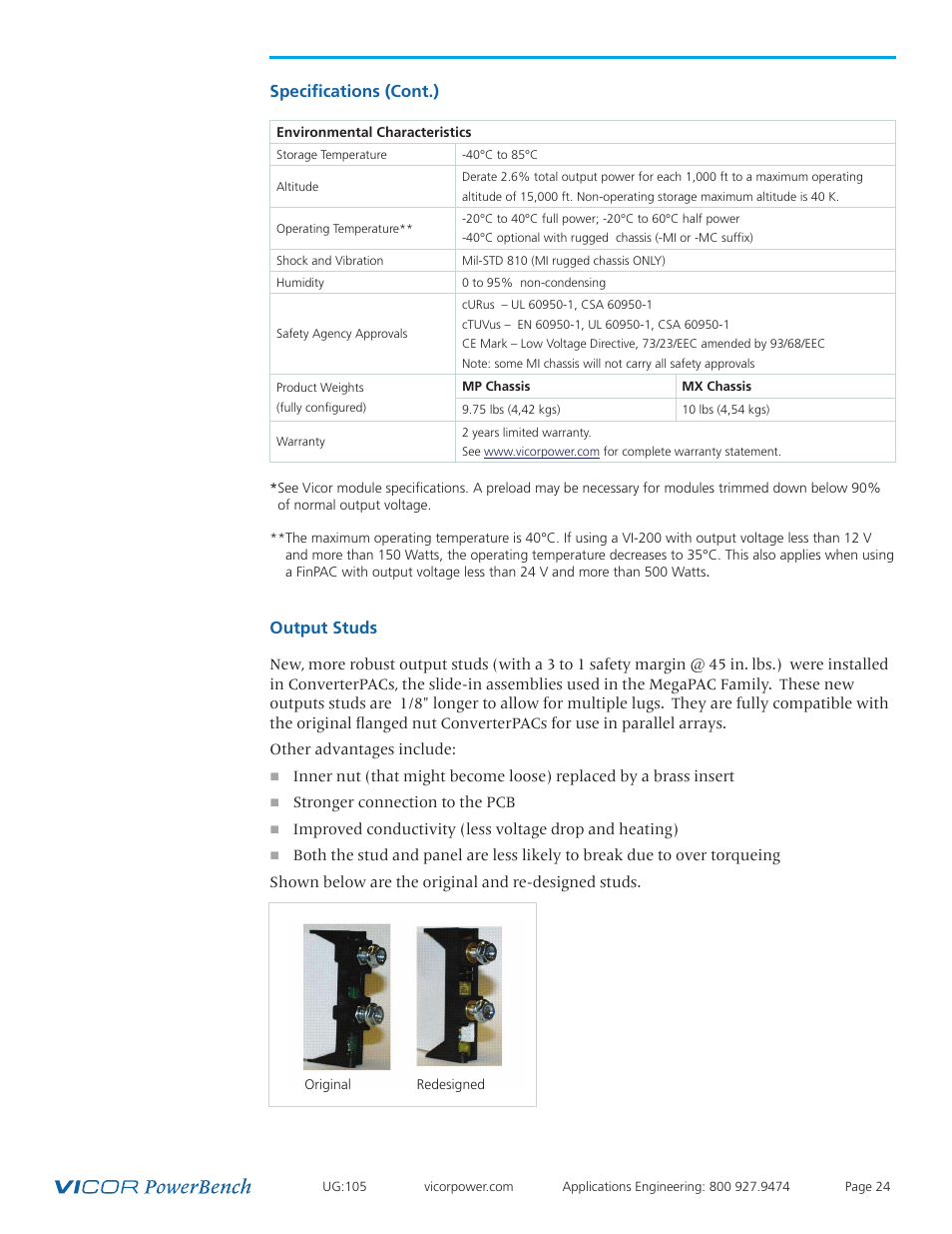 Specifications (cont.), Output studs | Vicor Westcor PFC MegaPAC Power Factor Corrected AC-DC Switchers User Manual | Page 24 / 34