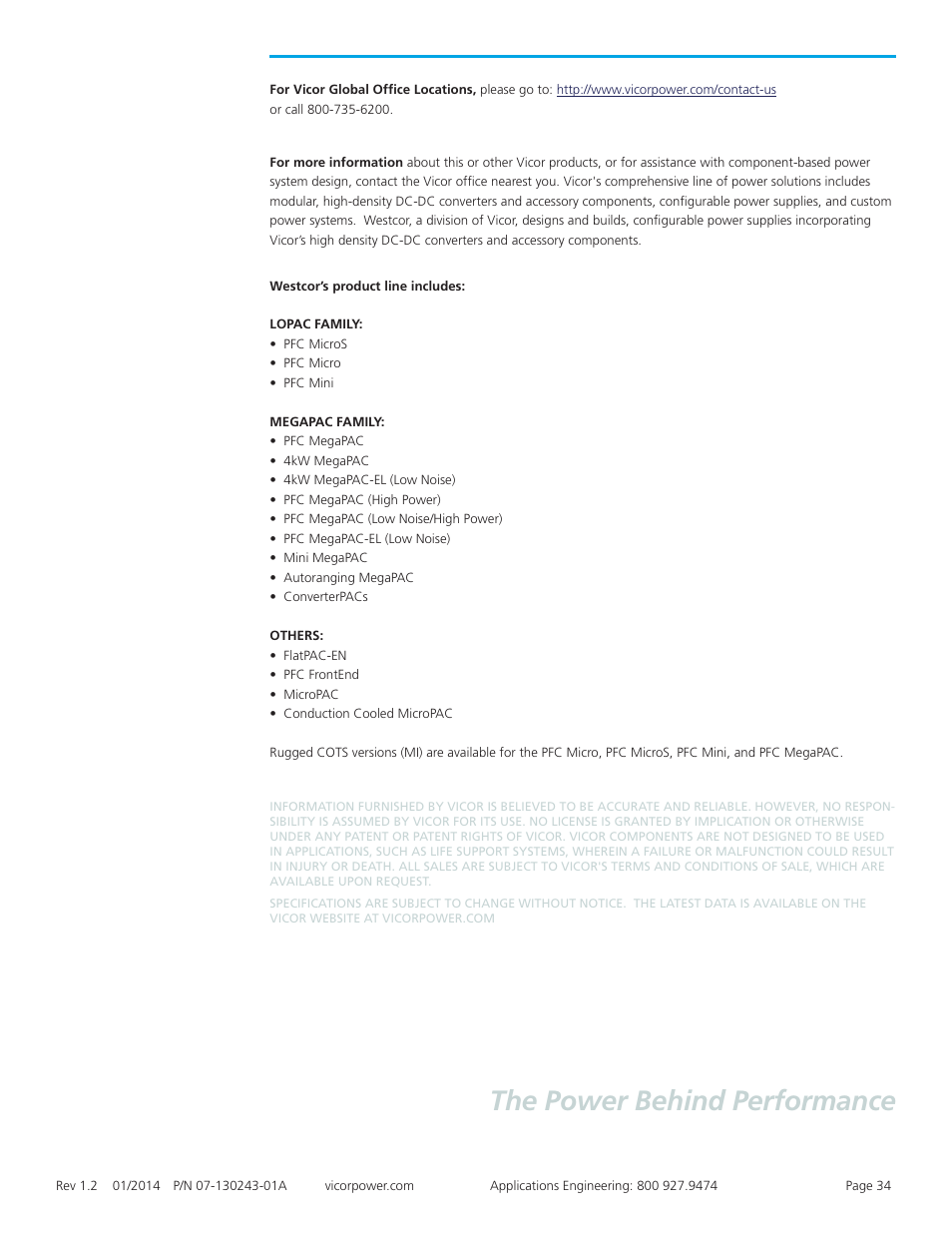 The power behind performance | Vicor Westcor PFC MegaPAC Power Factor Corrected AC-DC Switchers User Manual | Page 34 / 34