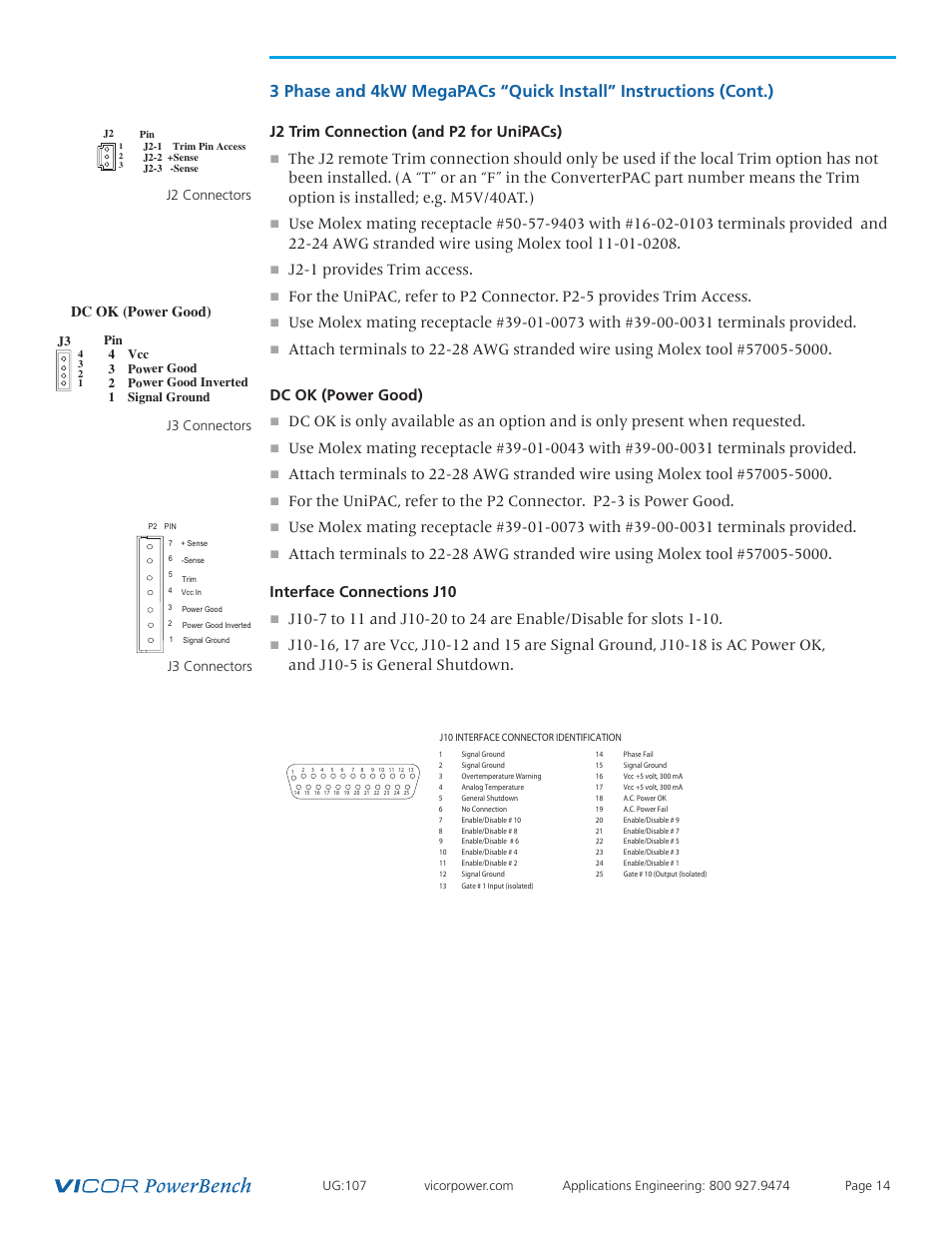 J2 trim connection (and p2 for unipacs), J2-1 provides trim access, J2 connectors | Dc ok (power good) j3 connectors, J3 connectors | Vicor 4kW MegaPAC AC-DC Switchers User Manual | Page 14 / 31