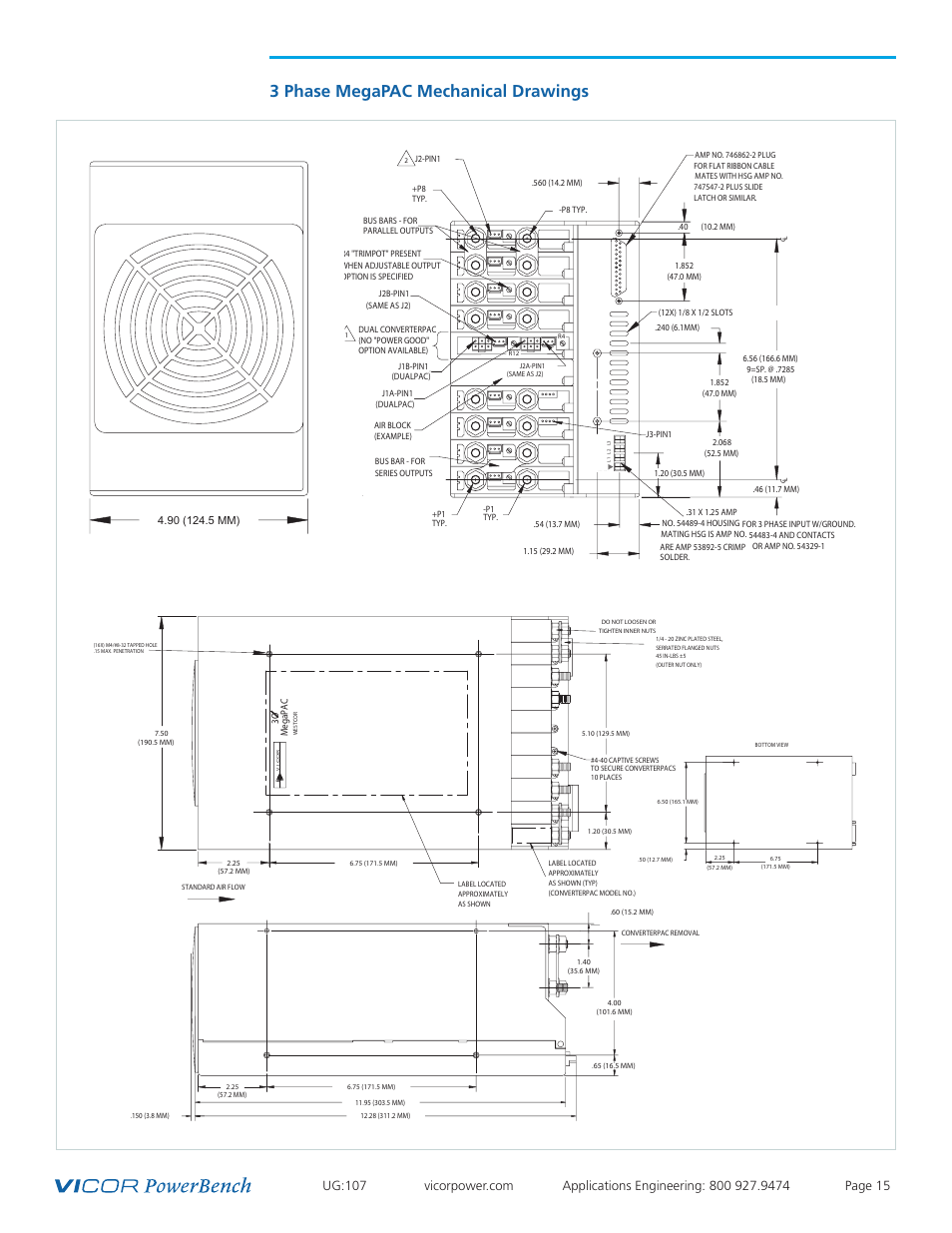 Mechanical drawings, 3 phase megapac mechanical drawings | Vicor 4kW MegaPAC AC-DC Switchers User Manual | Page 15 / 31