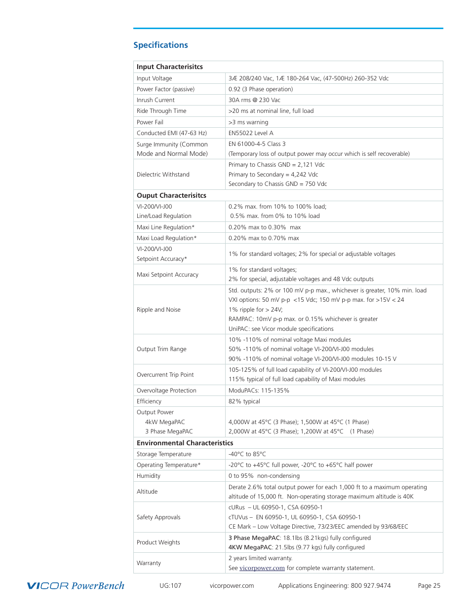 Specifications | Vicor 4kW MegaPAC AC-DC Switchers User Manual | Page 25 / 31