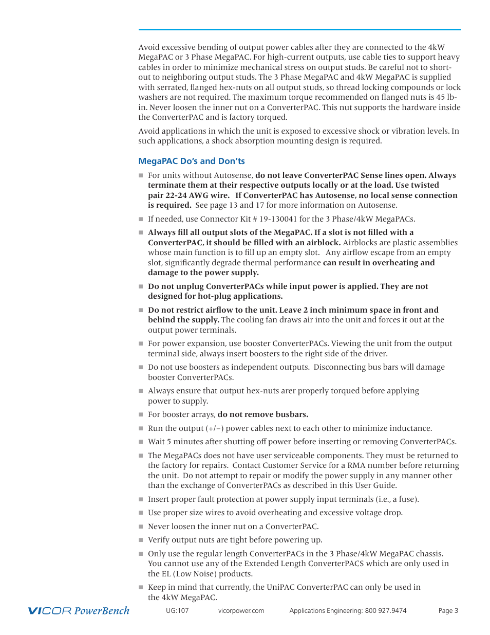 Megapac 3 do’s and don’ts | Vicor 4kW MegaPAC AC-DC Switchers User Manual | Page 3 / 31