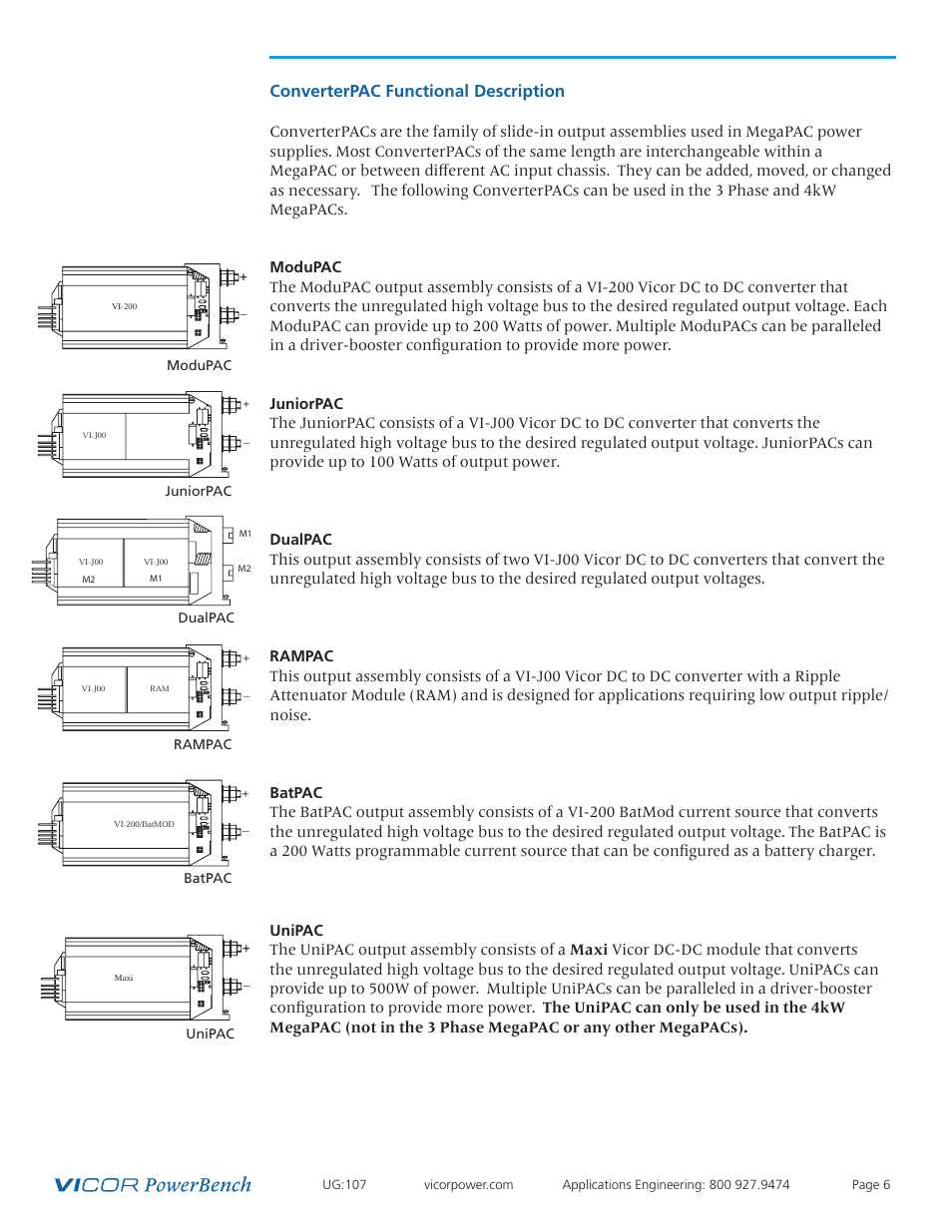 Converterpac 6 description, Converterpac functional description, Modupac juniorpac dualpac rampac batpac | Unipac | Vicor 4kW MegaPAC AC-DC Switchers User Manual | Page 6 / 31
