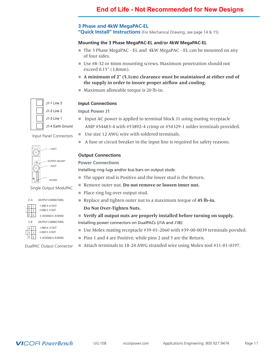 Quick install, Instructions, End of life - not recommended for new designs | Vicor 4kW MegaPAC-EL AC-DC Switchers User Manual | Page 11 / 30