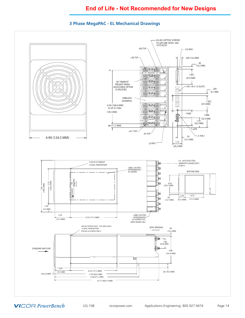 Mechanical drawings, End of life - not recommended for new designs, 3 phase megapac - el mechanical drawings | Vicor 4kW MegaPAC-EL AC-DC Switchers User Manual | Page 14 / 30