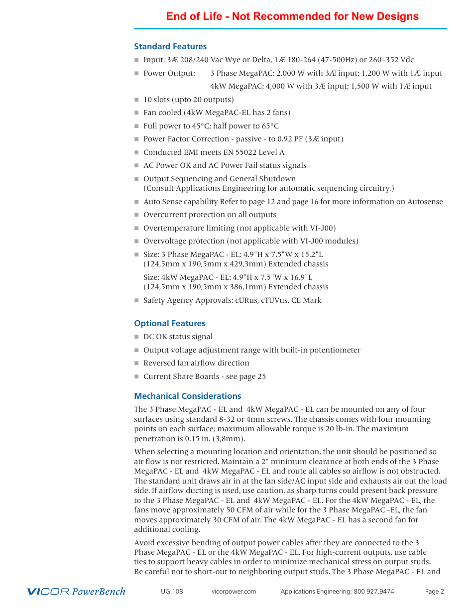 Mechanical, Considerations, End of life - not recommended for new designs | Vicor 4kW MegaPAC-EL AC-DC Switchers User Manual | Page 2 / 30