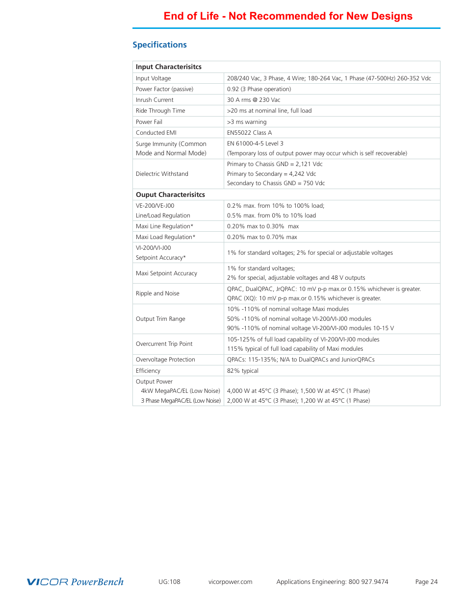 End of life - not recommended for new designs, Specifications | Vicor 4kW MegaPAC-EL AC-DC Switchers User Manual | Page 24 / 30