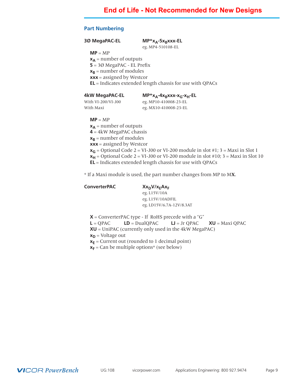 Part numbering, End of life - not recommended for new designs | Vicor 4kW MegaPAC-EL AC-DC Switchers User Manual | Page 9 / 30