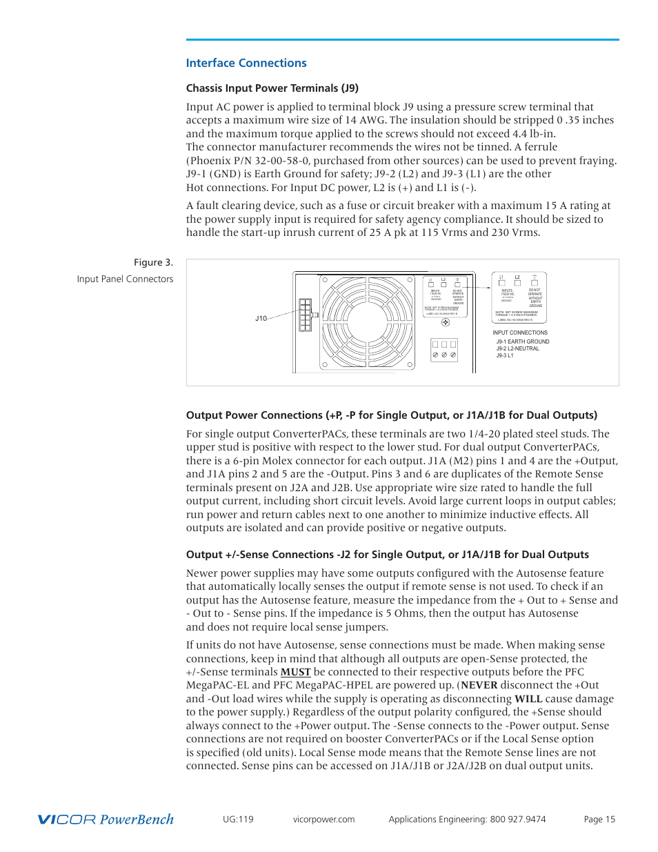 Interface connections 15, Interface connections, Figure 3. input panel connectors | Vicor PFC MegaPAC-HPEL Power Factor Corrected AC-DC Switchers User Manual | Page 15 / 32