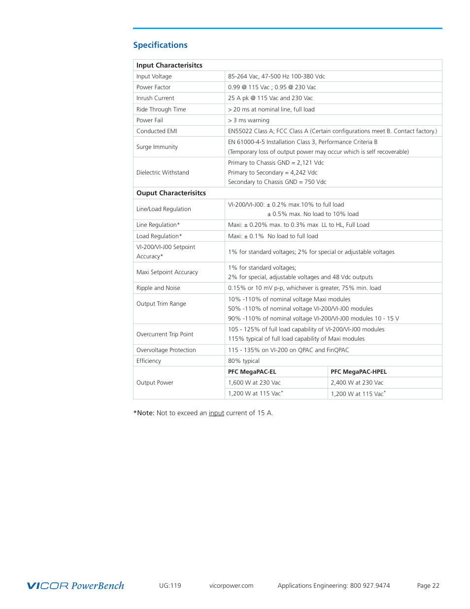 Specifications 22, Specifications | Vicor PFC MegaPAC-HPEL Power Factor Corrected AC-DC Switchers User Manual | Page 22 / 32