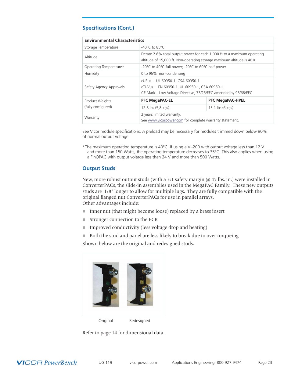 Specifications (cont.), Output studs | Vicor PFC MegaPAC-HPEL Power Factor Corrected AC-DC Switchers User Manual | Page 23 / 32