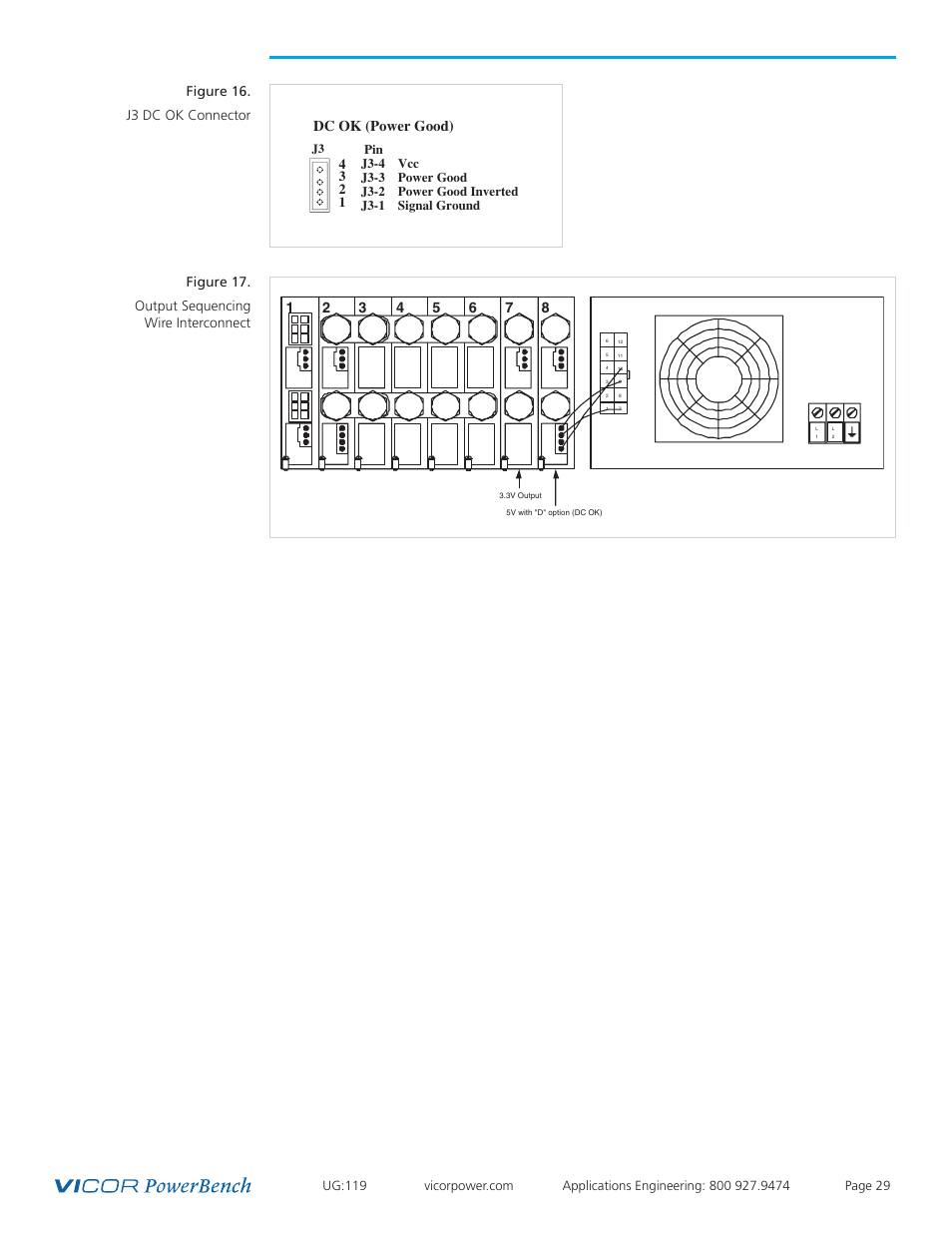 Figure 16. j3 dc ok connector, Dc ok (power good), Figure 17. output sequencing wire interconnect | Vicor PFC MegaPAC-HPEL Power Factor Corrected AC-DC Switchers User Manual | Page 29 / 32