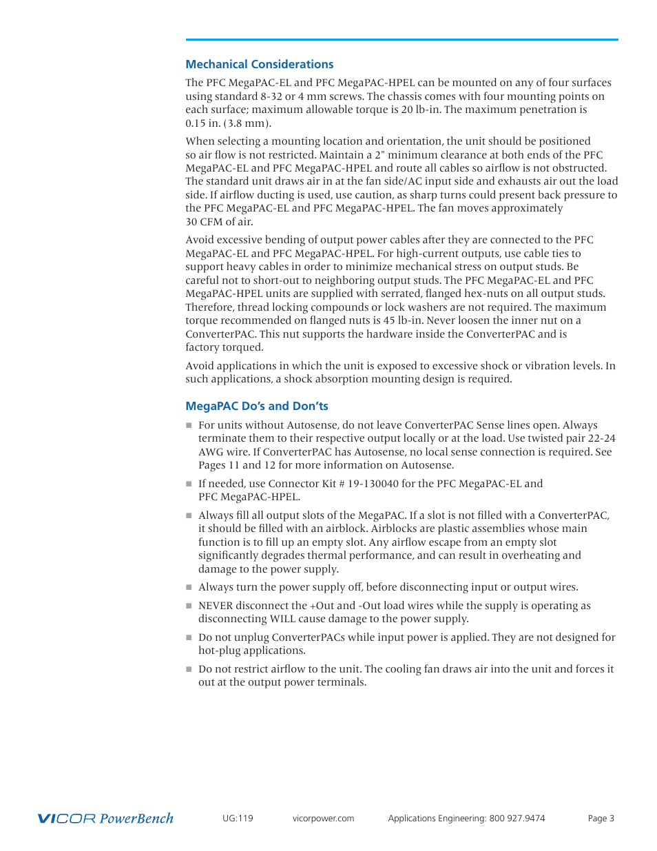Mechanical 3 considerations, Megapac 3 do’s and don’ts | Vicor PFC MegaPAC-HPEL Power Factor Corrected AC-DC Switchers User Manual | Page 3 / 32