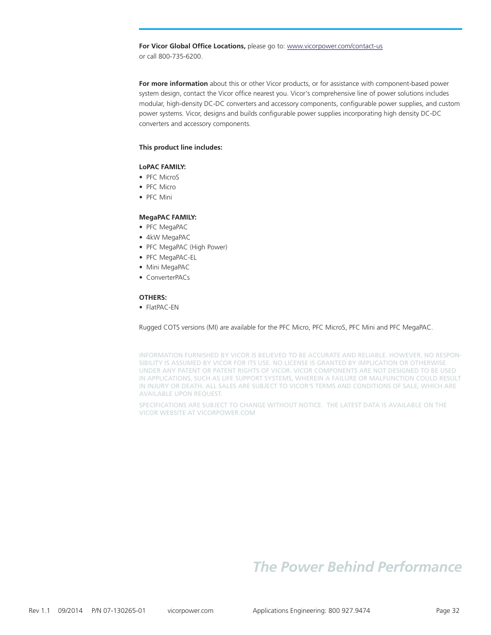 The power behind performance | Vicor PFC MegaPAC-HPEL Power Factor Corrected AC-DC Switchers User Manual | Page 32 / 32