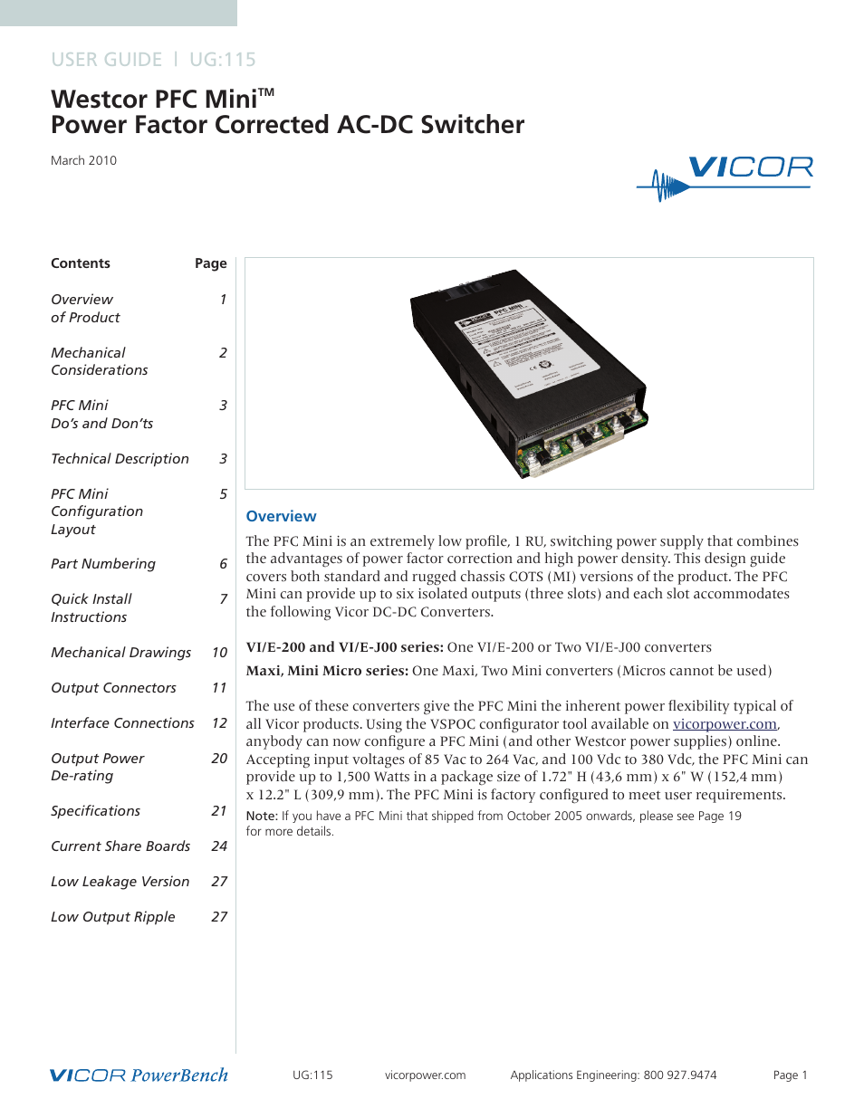 Vicor Westcor PFC Mini Power Factor Corrected AC-DC Switcher User Manual | 29 pages