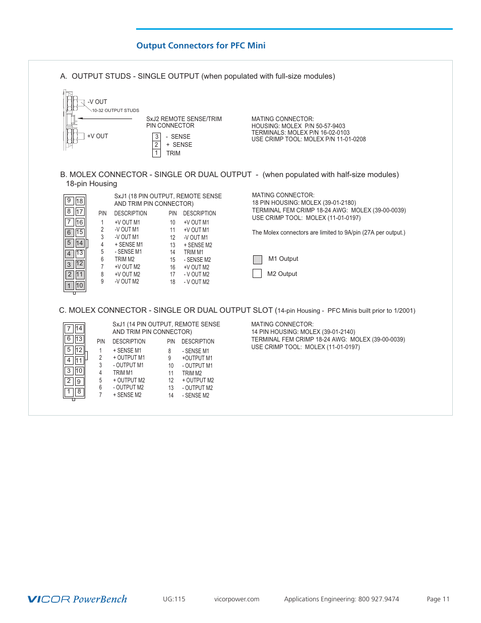 Output connectors, Output connectors for pfc mini | Vicor Westcor PFC Mini Power Factor Corrected AC-DC Switcher User Manual | Page 11 / 29