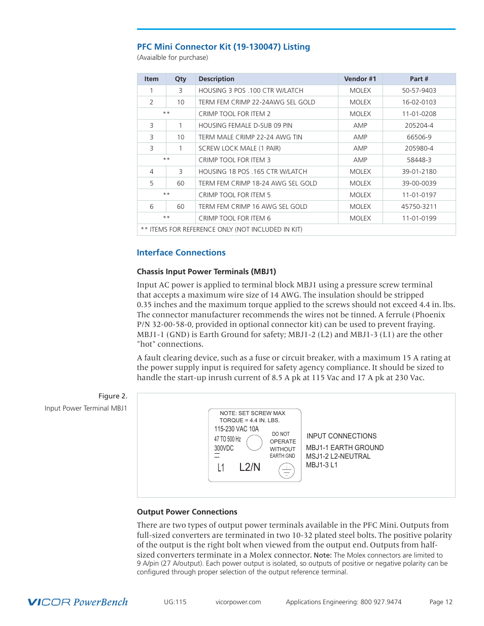 Interface connections 12, L2/n, Interface connections | Vicor Westcor PFC Mini Power Factor Corrected AC-DC Switcher User Manual | Page 12 / 29