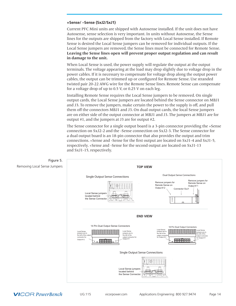 Figure 5. removing local sense jumpers, Top view end view, Single output sense connections | Vicor Westcor PFC Mini Power Factor Corrected AC-DC Switcher User Manual | Page 14 / 29