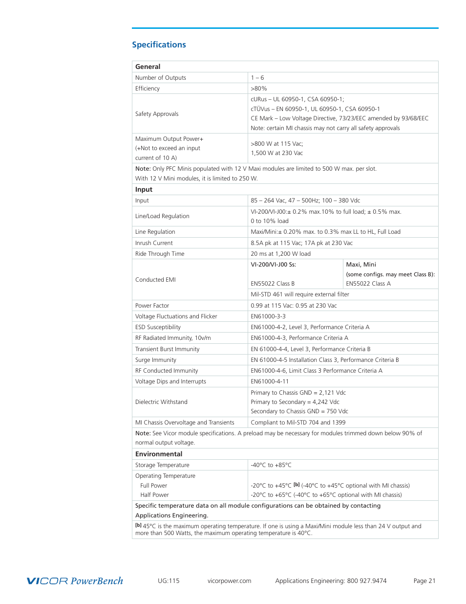 Specifications 21, Specifications | Vicor Westcor PFC Mini Power Factor Corrected AC-DC Switcher User Manual | Page 21 / 29