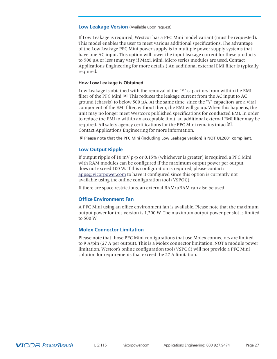 Low leakage version, Low output ripple | Vicor Westcor PFC Mini Power Factor Corrected AC-DC Switcher User Manual | Page 27 / 29