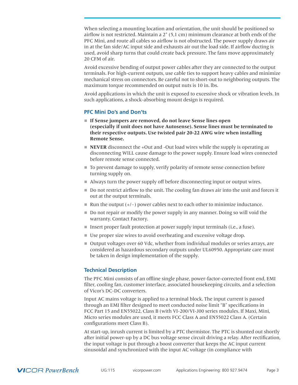 Pfc mini, Do’s and don’ts, Technical description | Vicor Westcor PFC Mini Power Factor Corrected AC-DC Switcher User Manual | Page 3 / 29