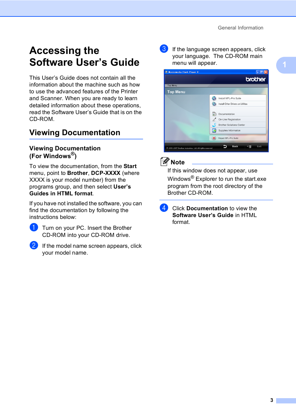 Accessing the software user’s guide, Viewing documentation, Viewing documentation (for windows®) | Brother DCP-135C User Manual | Page 11 / 98
