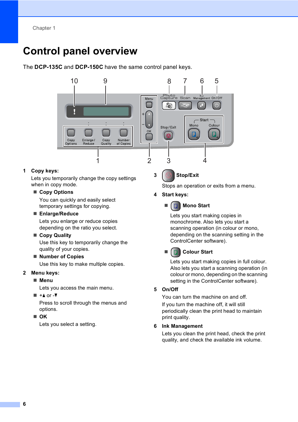 Control panel overview | Brother DCP-135C User Manual | Page 14 / 98