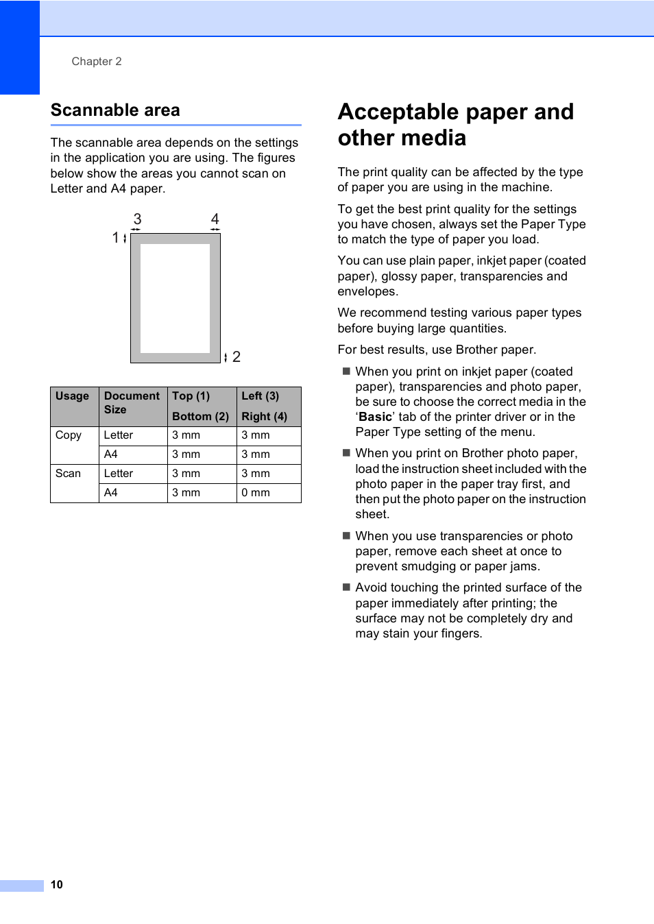 Scannable area, Acceptable paper and other media | Brother DCP-135C User Manual | Page 18 / 98