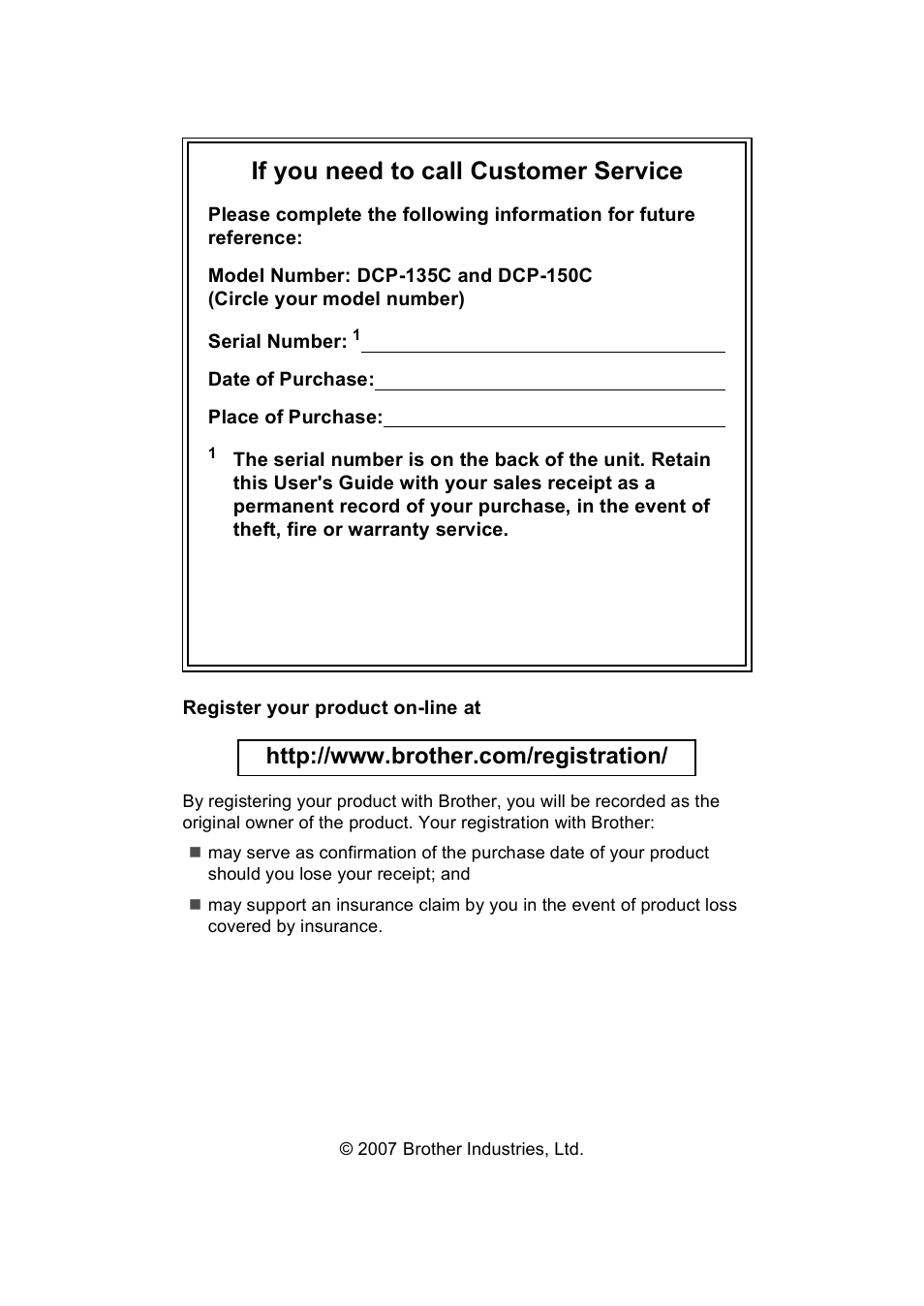 If you need to call customer service | Brother DCP-135C User Manual | Page 2 / 98