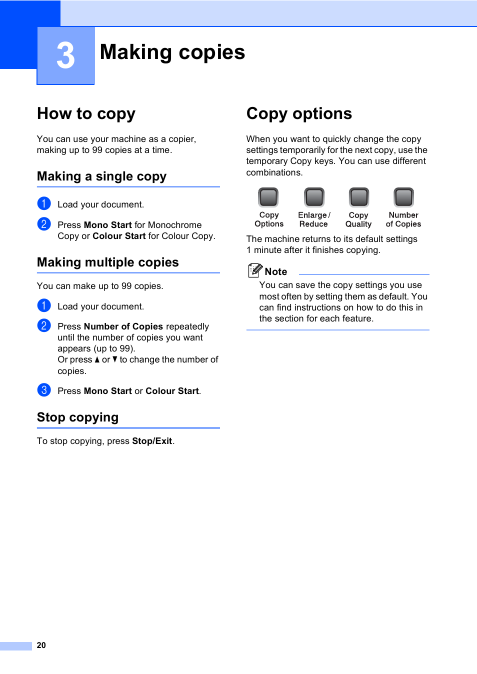 3 making copies, How to copy, Making a single copy | Making multiple copies, Stop copying, Copy options, Making copies | Brother DCP-135C User Manual | Page 28 / 98