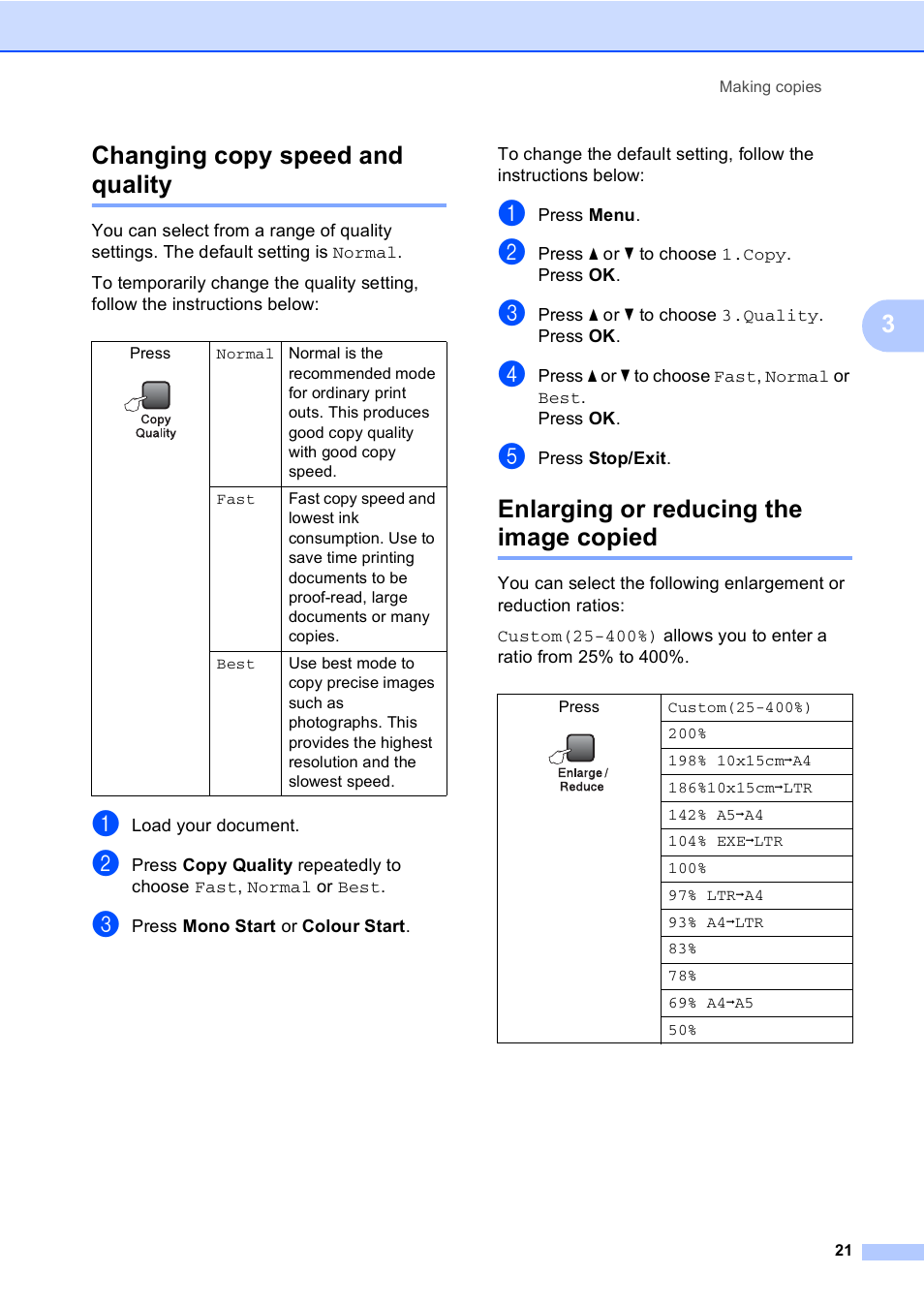 Changing copy speed and quality, Enlarging or reducing the image copied, 3changing copy speed and quality | Brother DCP-135C User Manual | Page 29 / 98