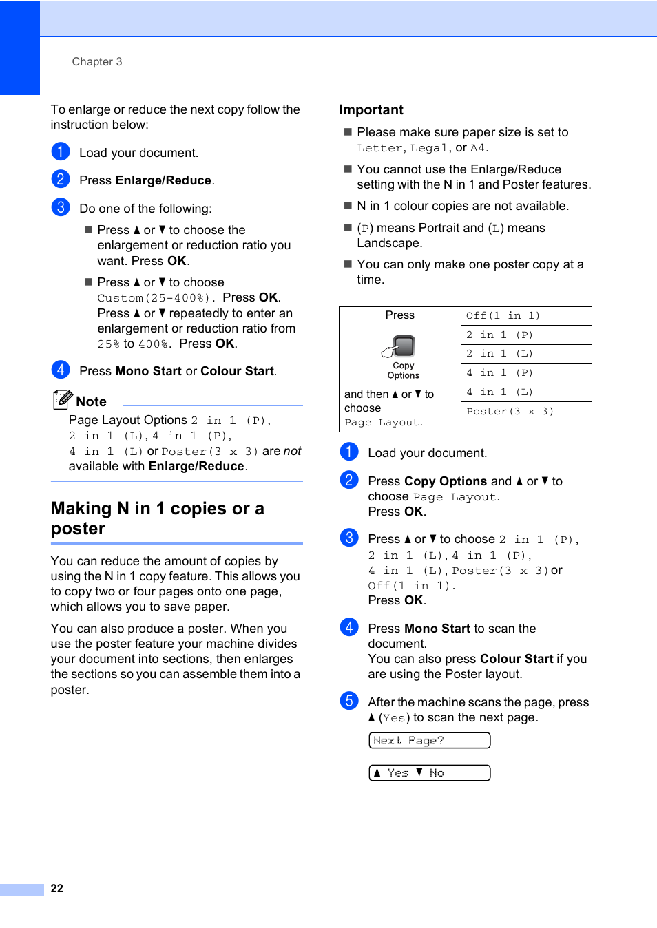 Making n in 1 copies or a poster, Important | Brother DCP-135C User Manual | Page 30 / 98
