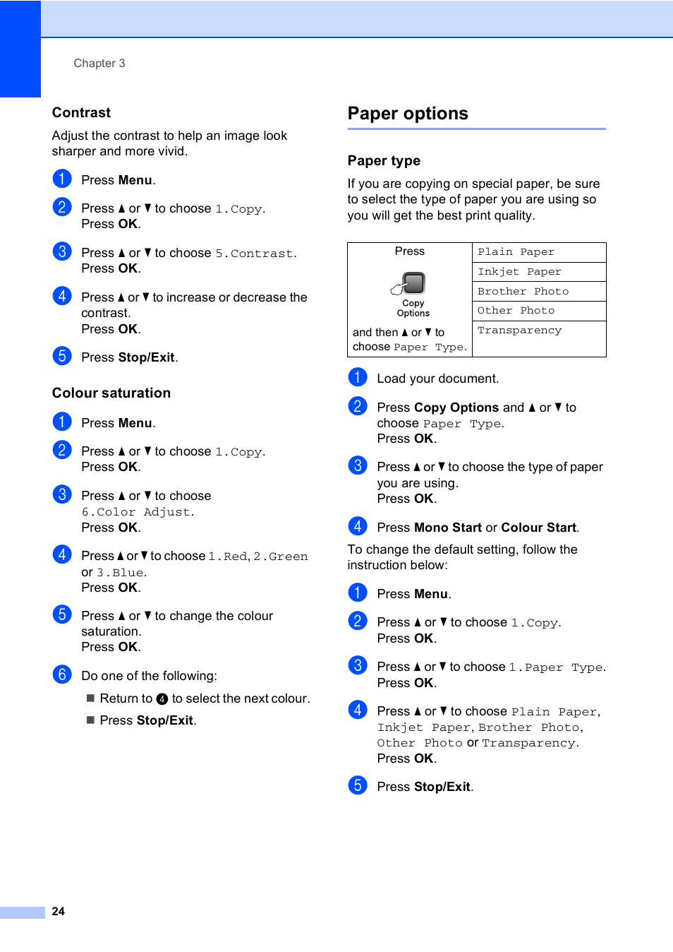 Contrast, Colour saturation, Paper options | Paper type | Brother DCP-135C User Manual | Page 32 / 98