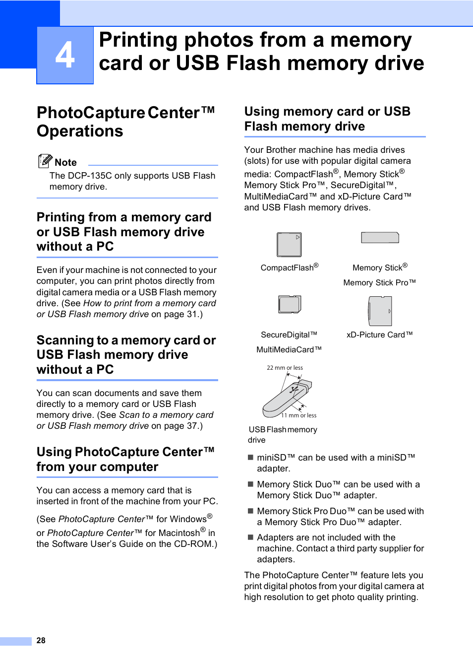 Photocapture center™ operations, Using photocapture center™ from your computer, Using memory card or usb flash memory drive | Brother DCP-135C User Manual | Page 36 / 98