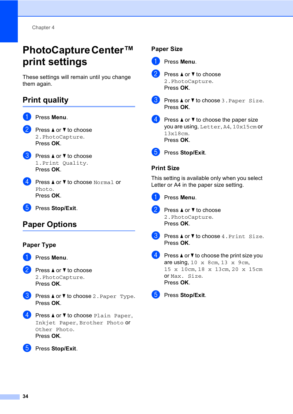 Photocapture center™ print settings, Print quality, Paper options | Paper type, Paper size, Print size, Print quality paper options | Brother DCP-135C User Manual | Page 42 / 98