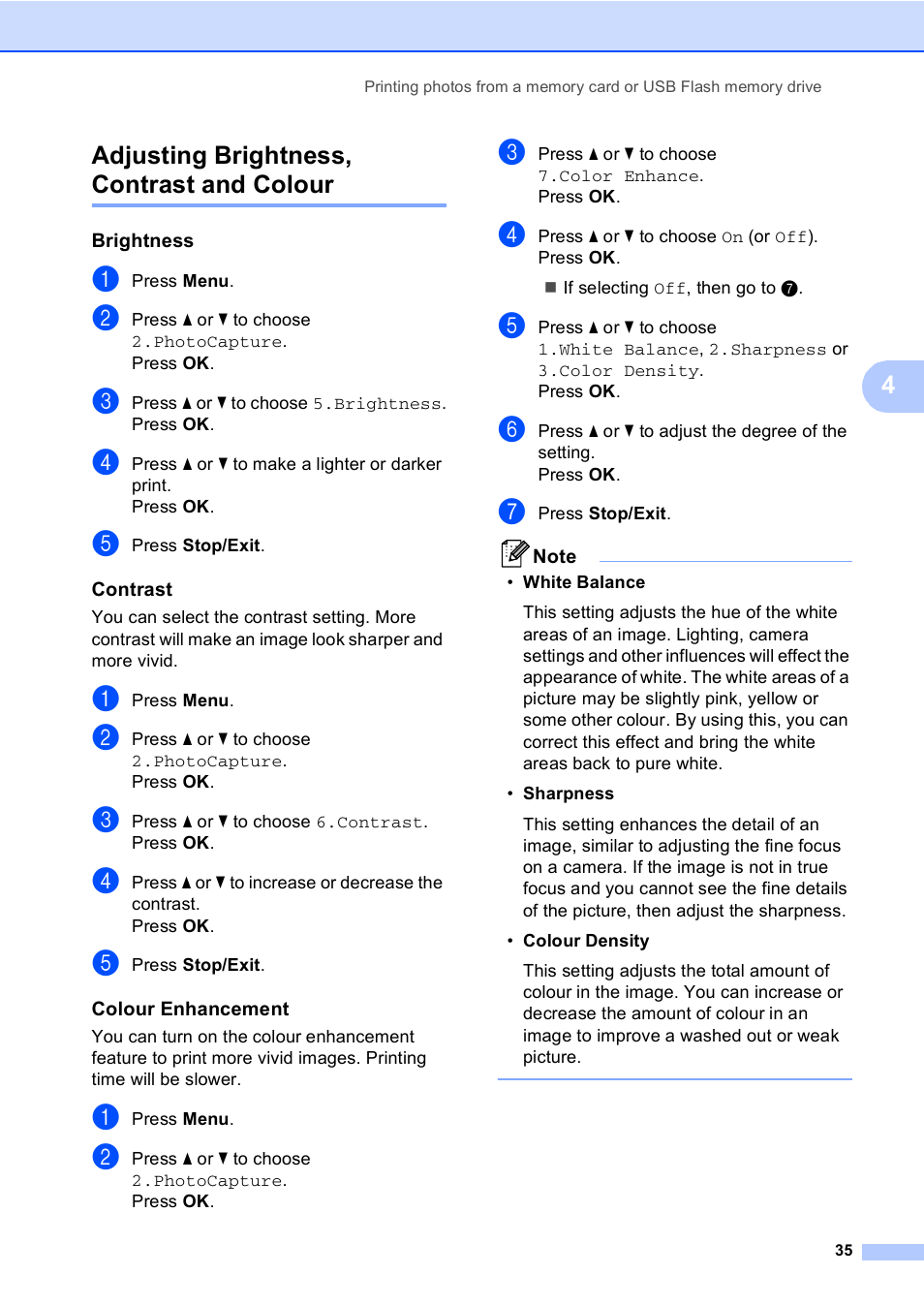 Adjusting brightness, contrast and colour, Brightness, Contrast | Colour enhancement, 4adjusting brightness, contrast and colour | Brother DCP-135C User Manual | Page 43 / 98