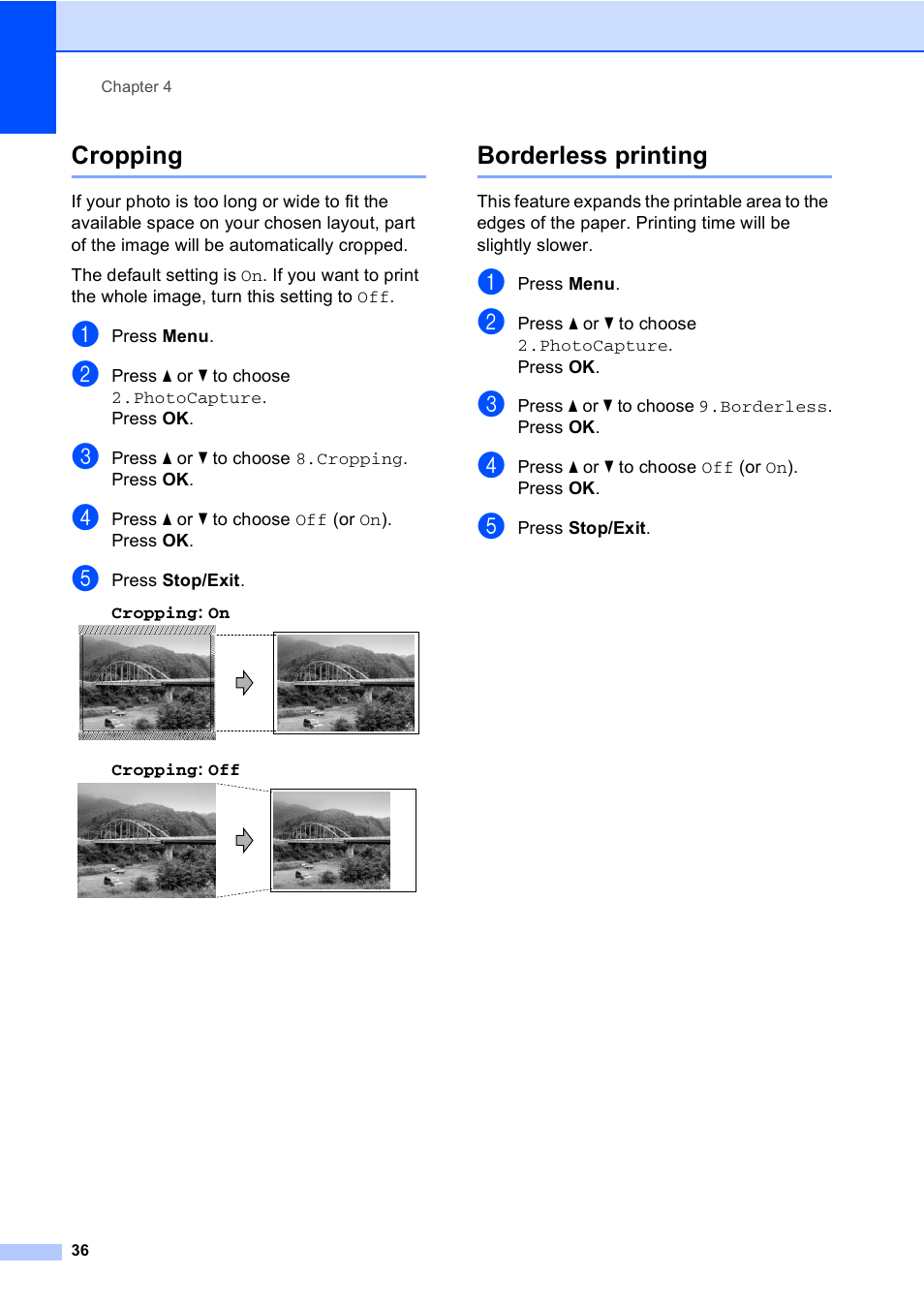 Cropping, Borderless printing, Cropping borderless printing | Brother DCP-135C User Manual | Page 44 / 98