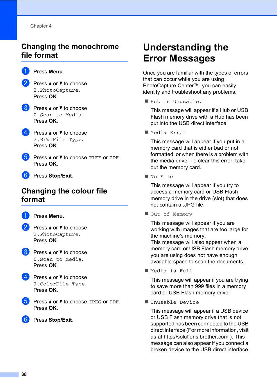 Changing the monochrome file format, Changing the colour file format, Understanding the error messages | Brother DCP-135C User Manual | Page 46 / 98