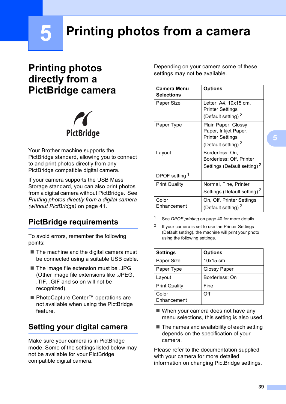 5 printing photos from a camera, Printing photos directly from a pictbridge camera, Pictbridge requirements | Setting your digital camera, Printing photos from a camera | Brother DCP-135C User Manual | Page 47 / 98