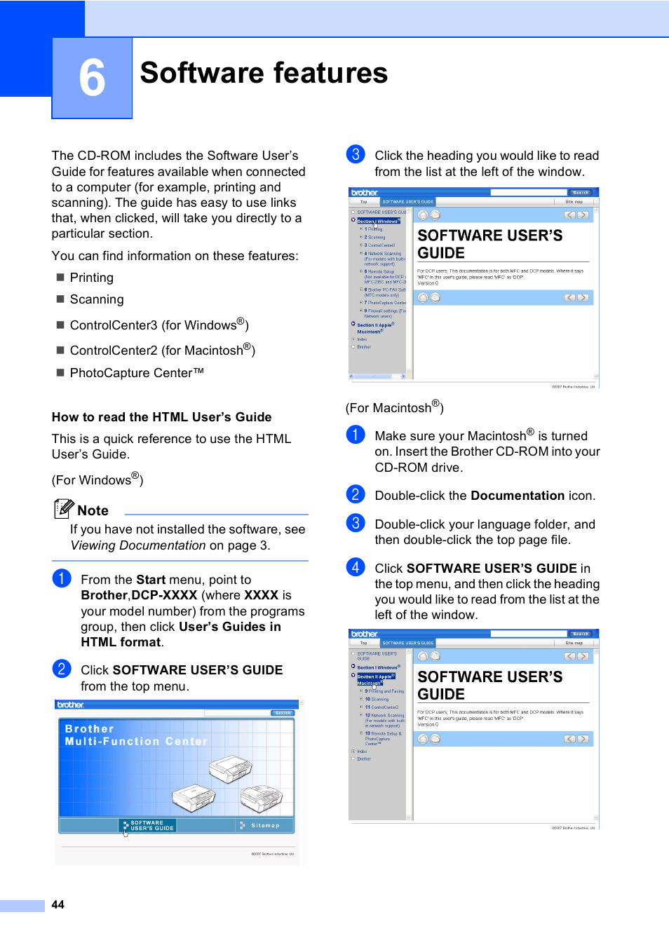 6 software features, Software features | Brother DCP-135C User Manual | Page 52 / 98