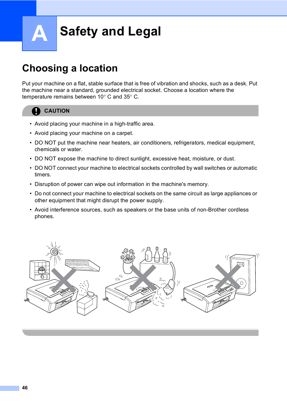 A safety and legal, Choosing a location, Safety and legal | Brother DCP-135C User Manual | Page 54 / 98