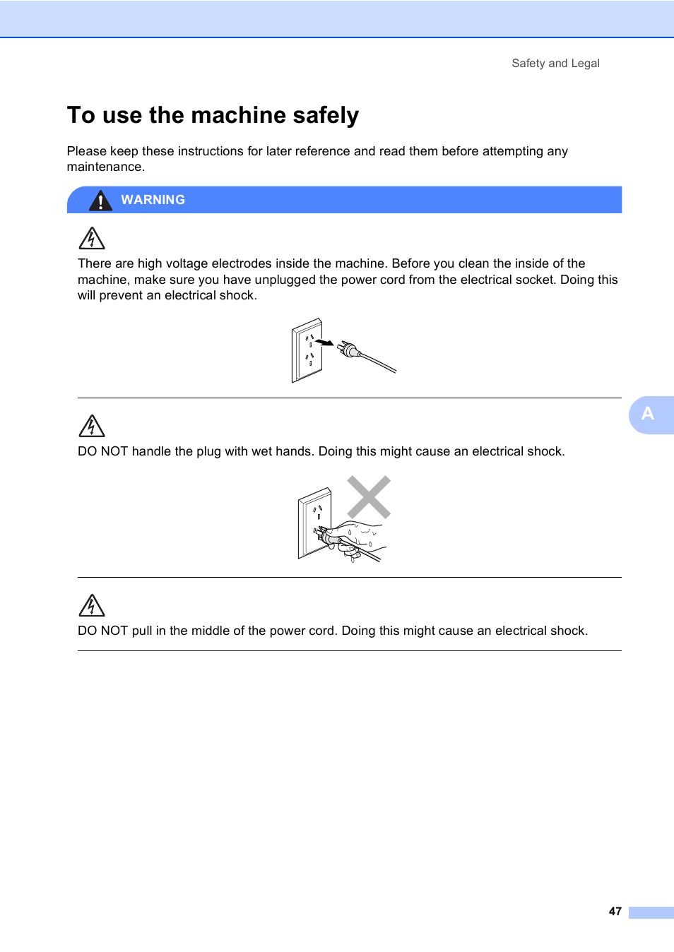 To use the machine safely, Safety and legal 47 | Brother DCP-135C User Manual | Page 55 / 98