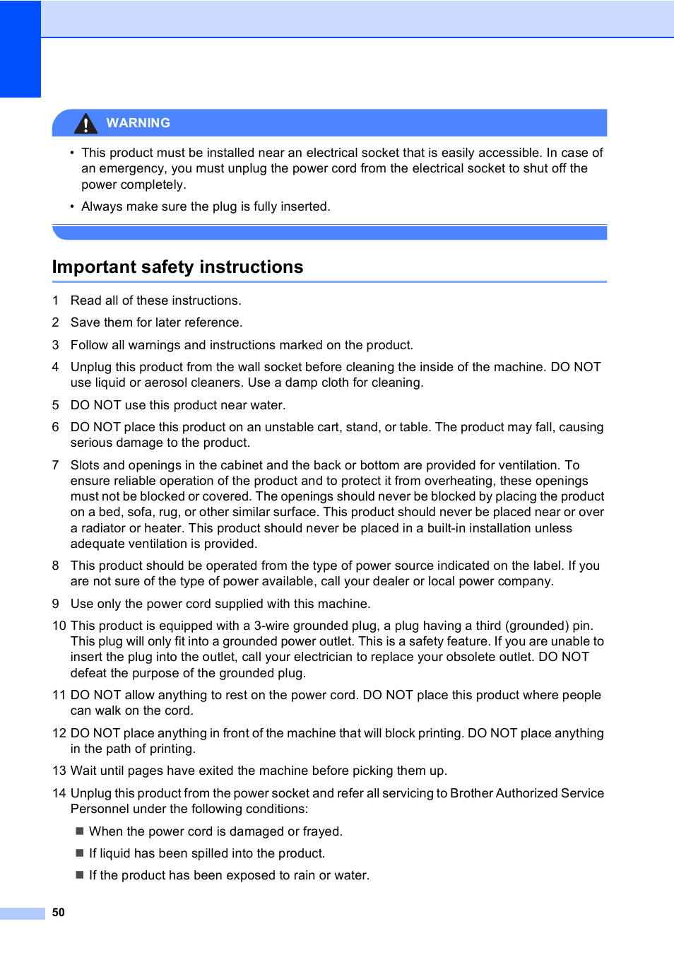 Important safety instructions | Brother DCP-135C User Manual | Page 58 / 98