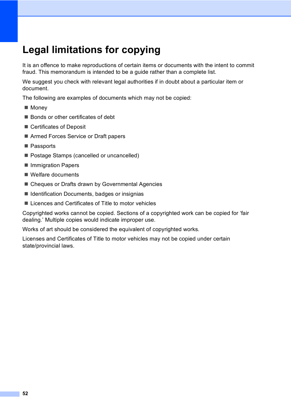 Legal limitations for copying | Brother DCP-135C User Manual | Page 60 / 98