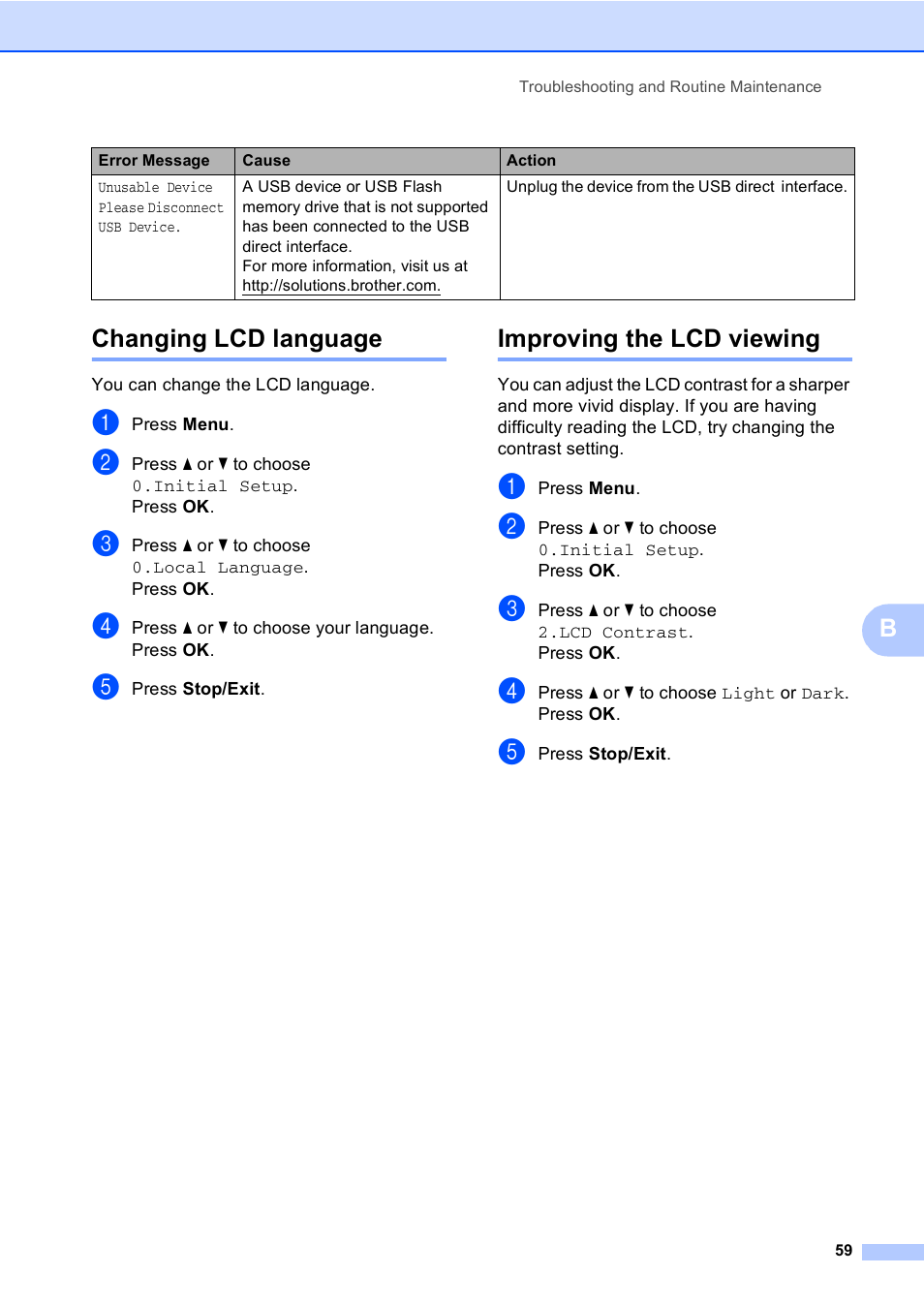Changing lcd language, Improving the lcd viewing, Changing lcd language improving the lcd viewing | Bchanging lcd language | Brother DCP-135C User Manual | Page 67 / 98