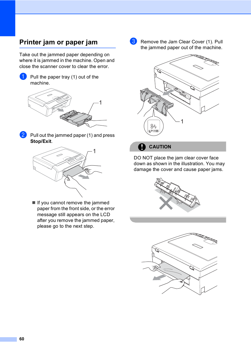 Printer jam or paper jam | Brother DCP-135C User Manual | Page 68 / 98